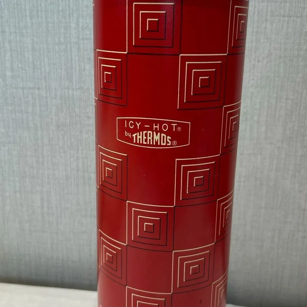 Vtg Red Icy-Hot Thermos Quart Size Lid Cap Cup Squares Pattern